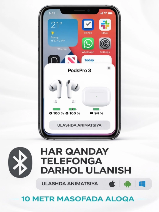 iPhone va Android uchun simsiz Pods Pro 3 quloqchinlari, sensorli