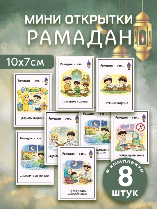 Mini otkritki. Ramazon otkritkalari, mini format 7×10 sm, to‘plam 8 dona - 