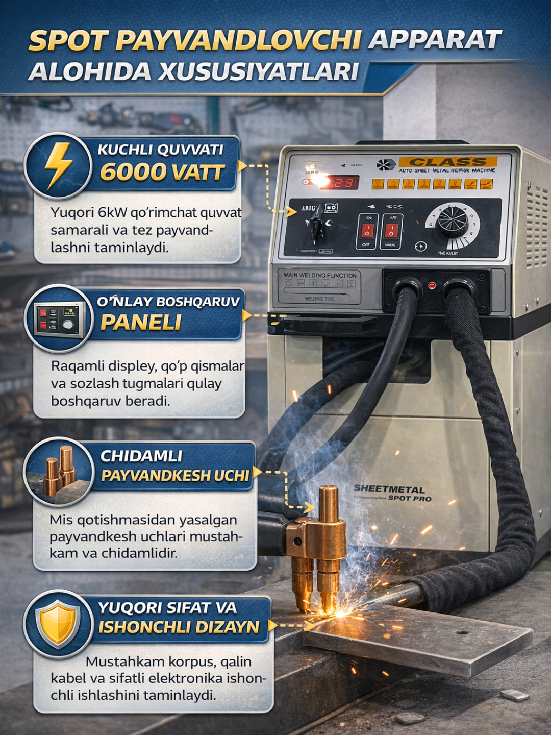 Spot payvandlovchi apparat 220V, 6kW, 48A, professional elektr payvandlash uskunasi