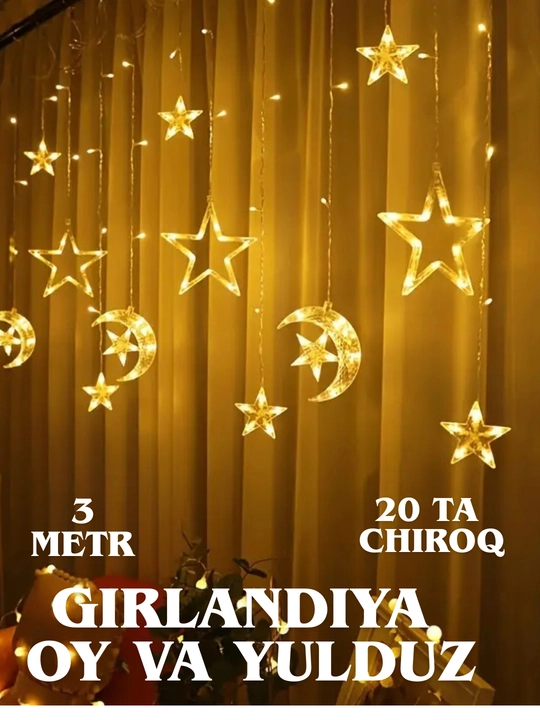 Ramazon, EID, uchun LED girlyandiya svetlari bezaklar, oy va yulduz, 3 metr.20 ta chiroq
