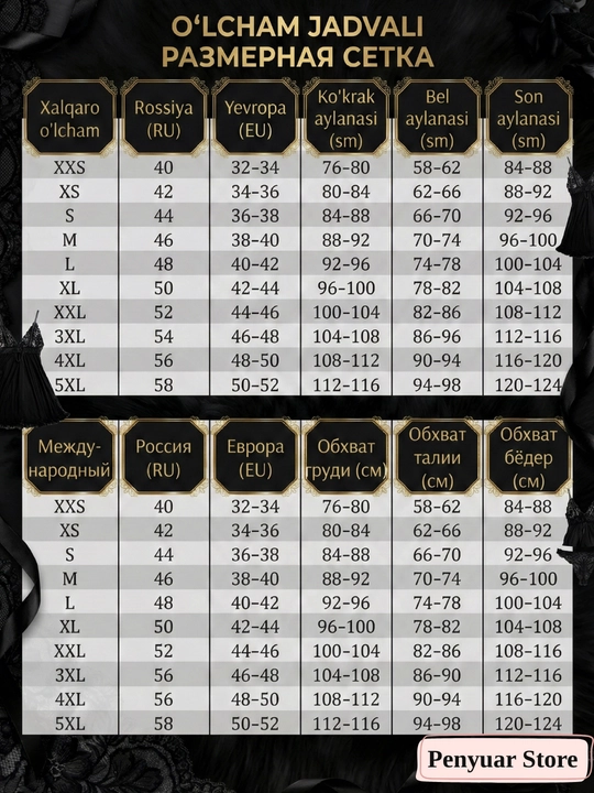To‘rli penyuar, tungi ko‘ylak, ayollar ichki kiyimlari to‘plami, 2 tasi 1 da, stringilar