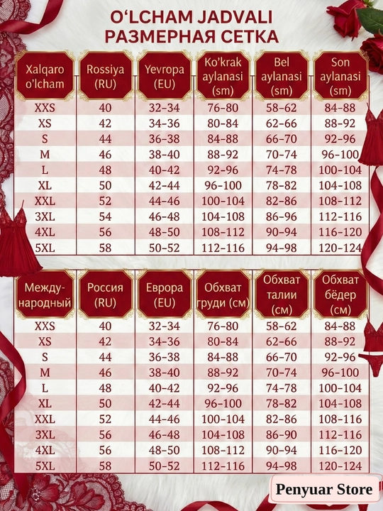 To‘rli penyuar, tungi ko‘ylak, ayollar ichki kiyimlari to‘plami, 2 tasi 1 da, stringilar