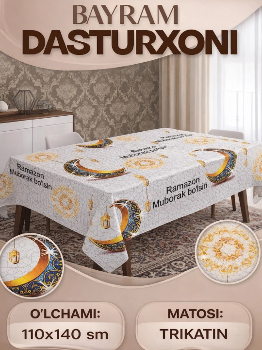 Ramazon bayrami uchun dasturxon, yupqa poliester matodan tikilgan, silliq yuzali