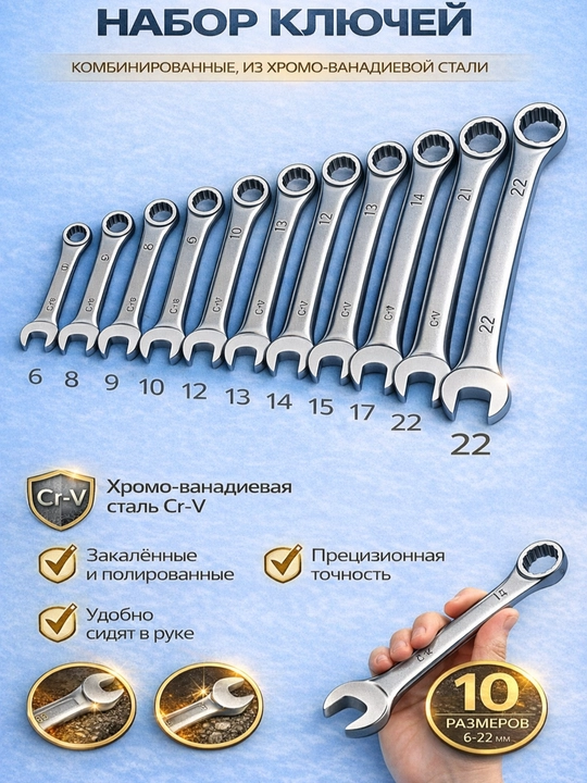 Набор комбинированных ключей, хромо-ванадиевая сталь Cr-V - 