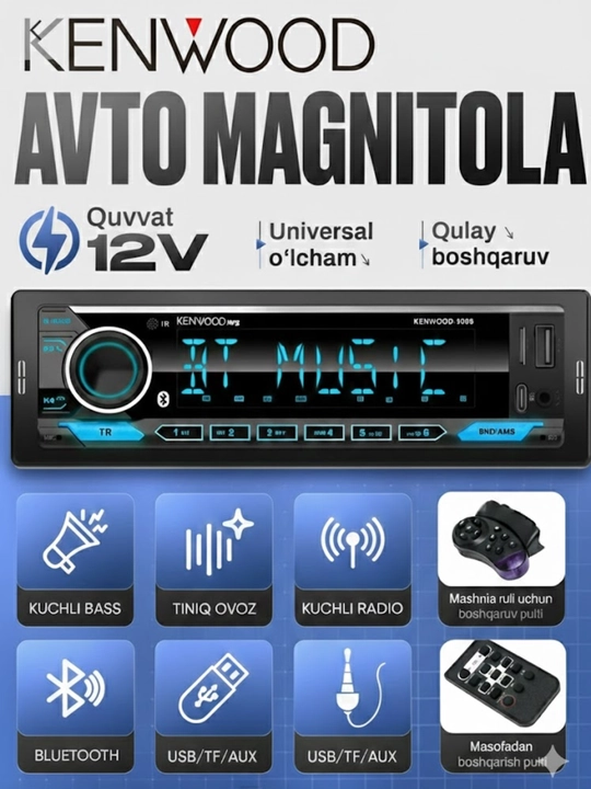 Автомагнитола Kenwood 9008, Bluetooth, USB, AUX, 2 RCA выхода, пульт на руль