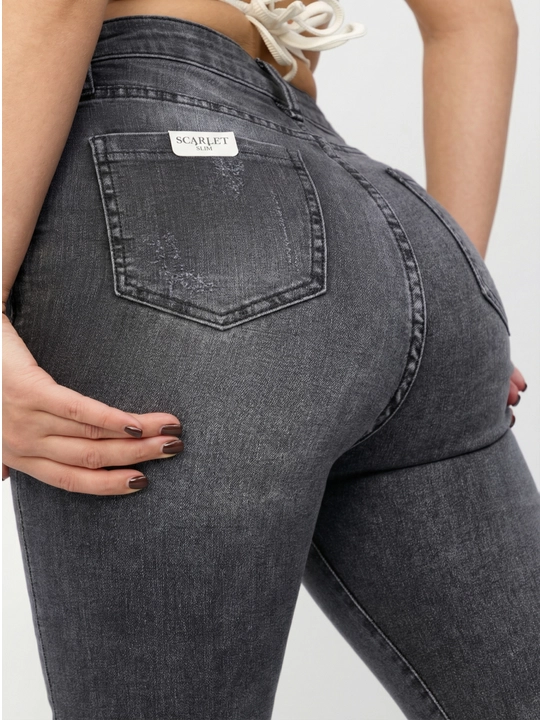 Брюки женские джинсовые Skinny — серо-чёрные, эластичные, комфортные - 