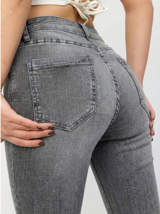Брюки женские джинсовые Skinny — серо-чёрные, эластичные, комфортные - 