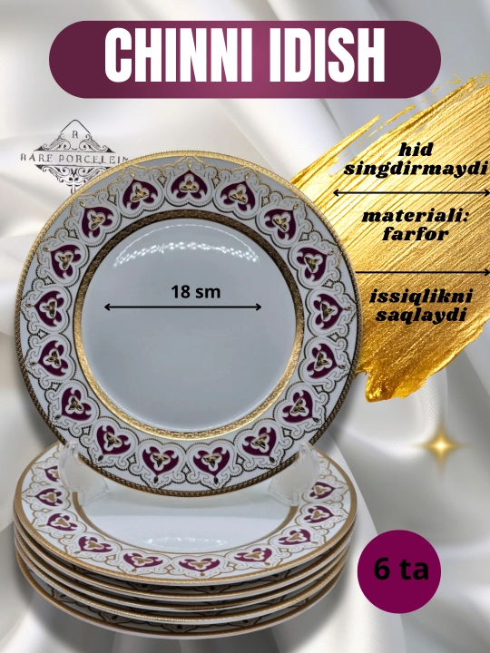 Likopchalar to'plami chinnidan, dizaynli 6 dona 23 sm - 