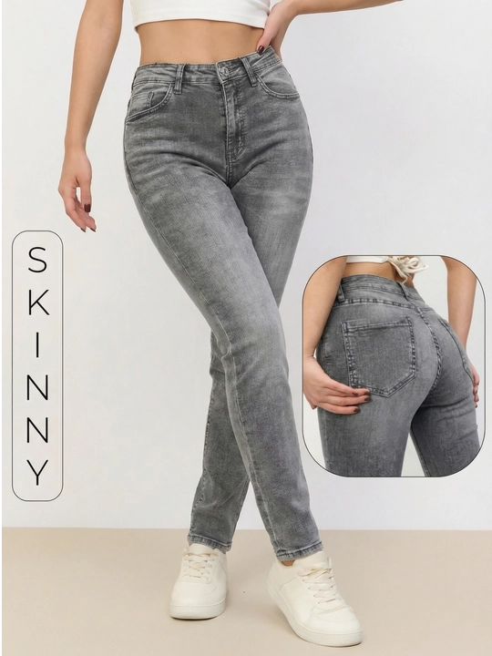 Брюки женские джинсовые Skinny — серо-чёрные, эластичные, комфортные