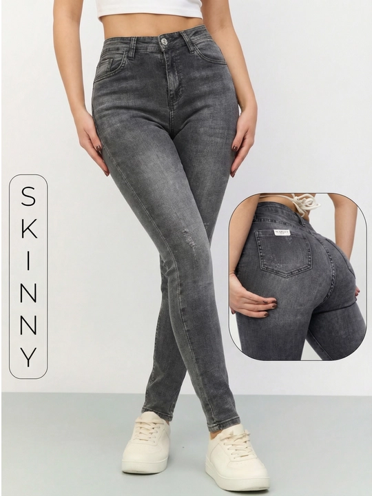 Брюки женские джинсовые Skinny — серо-чёрные, эластичные, комфортные
