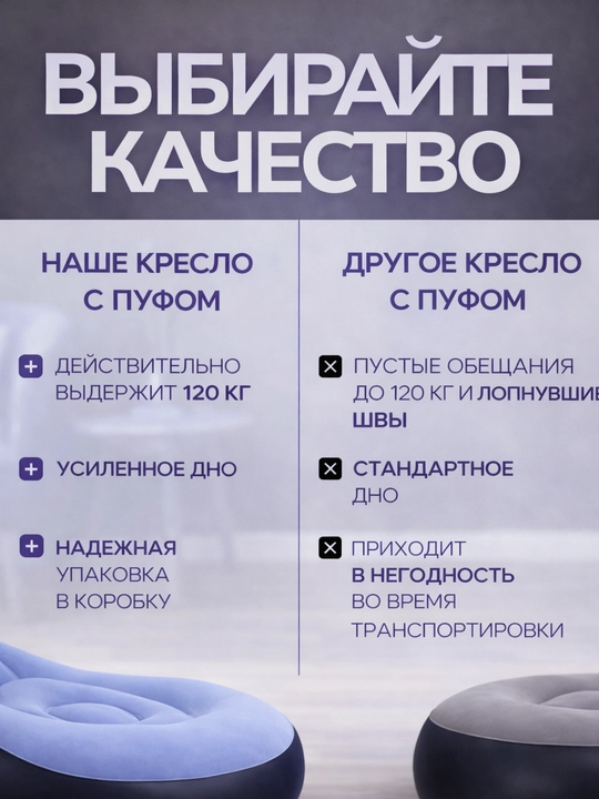 Karkassiz kreslo, 2 tasi 1 da qop, puflanadigan ko‘chma, yostiqchali yig‘ma divan, 120 kg