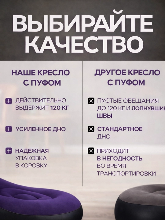Karkassiz kreslo, 2 tasi 1 da qop, puflanadigan ko‘chma, yostiqchali yig‘ma divan, 120 kg
