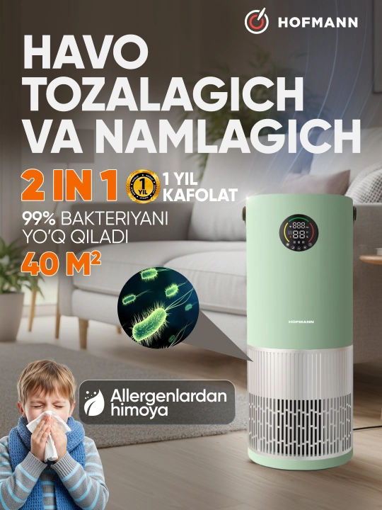 Havo tozalagich va namlagich 40 m² - 60 m², 2 tasi 1 da HEPA-filtrli - 