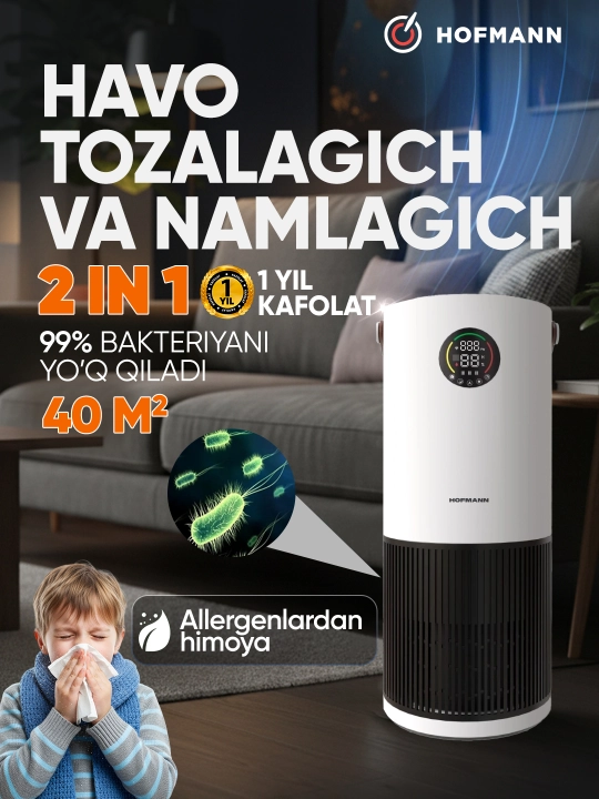Havo tozalagich va namlagich 40 m² - 60 m², 2 tasi 1 da HEPA-filtrli - 