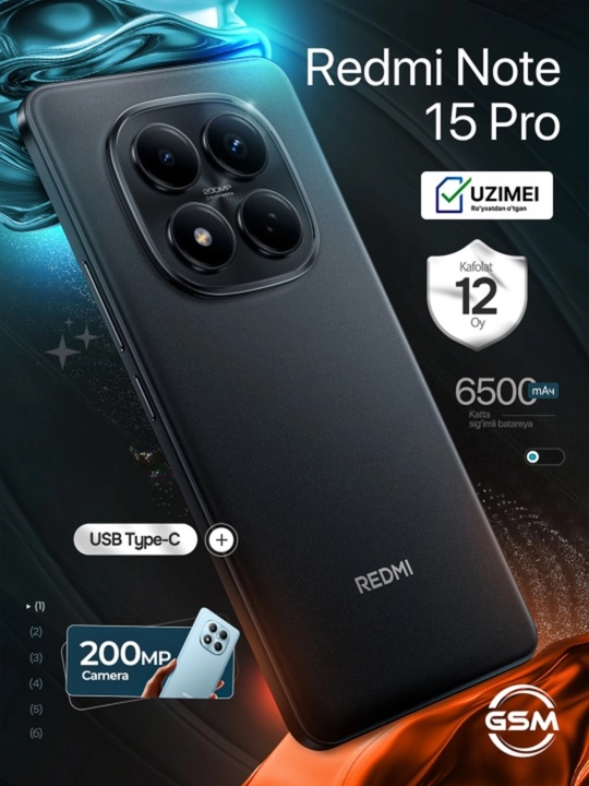 Redmi Note 15 Pro smartfon 120Hz AMOLED, 200MP kamera, 5000 mAh tez zaryad - 