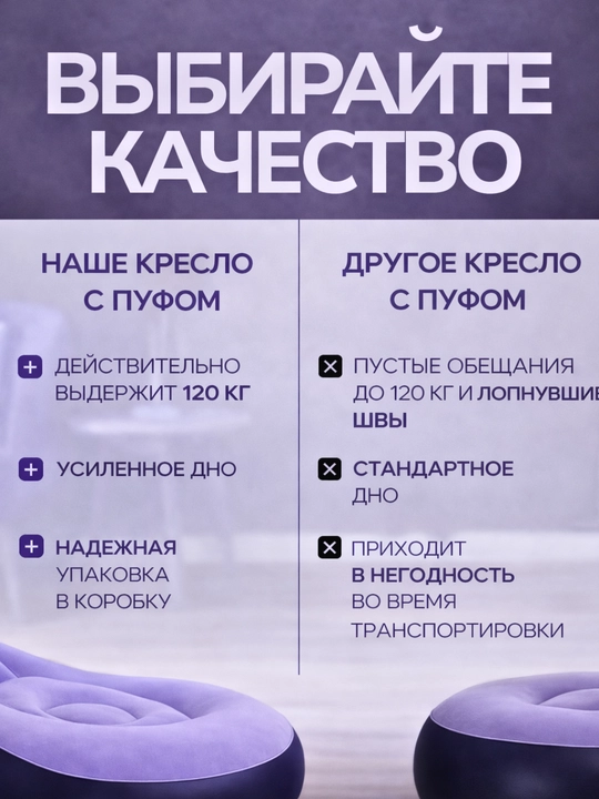Karkassiz kreslo, 2 tasi 1 da qop, puflanadigan ko‘chma, yostiqchali yig‘ma divan, 120 kg