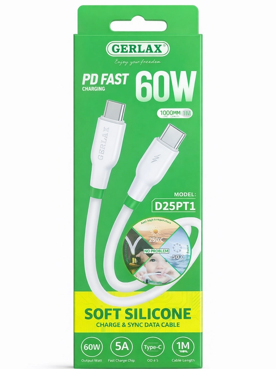 GERLAX 60W Type-C – Type-C silikon kabel,(tezkor zaryad va ma’lumot uzatish) - 