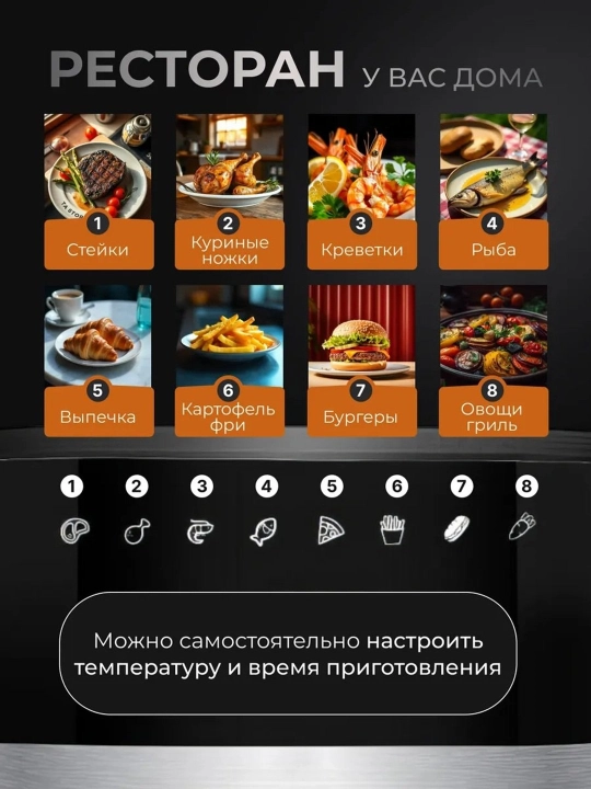 Ko‘p funksiyali, yog‘siz ovqat tayyorlash uchun aerogril, 10 l