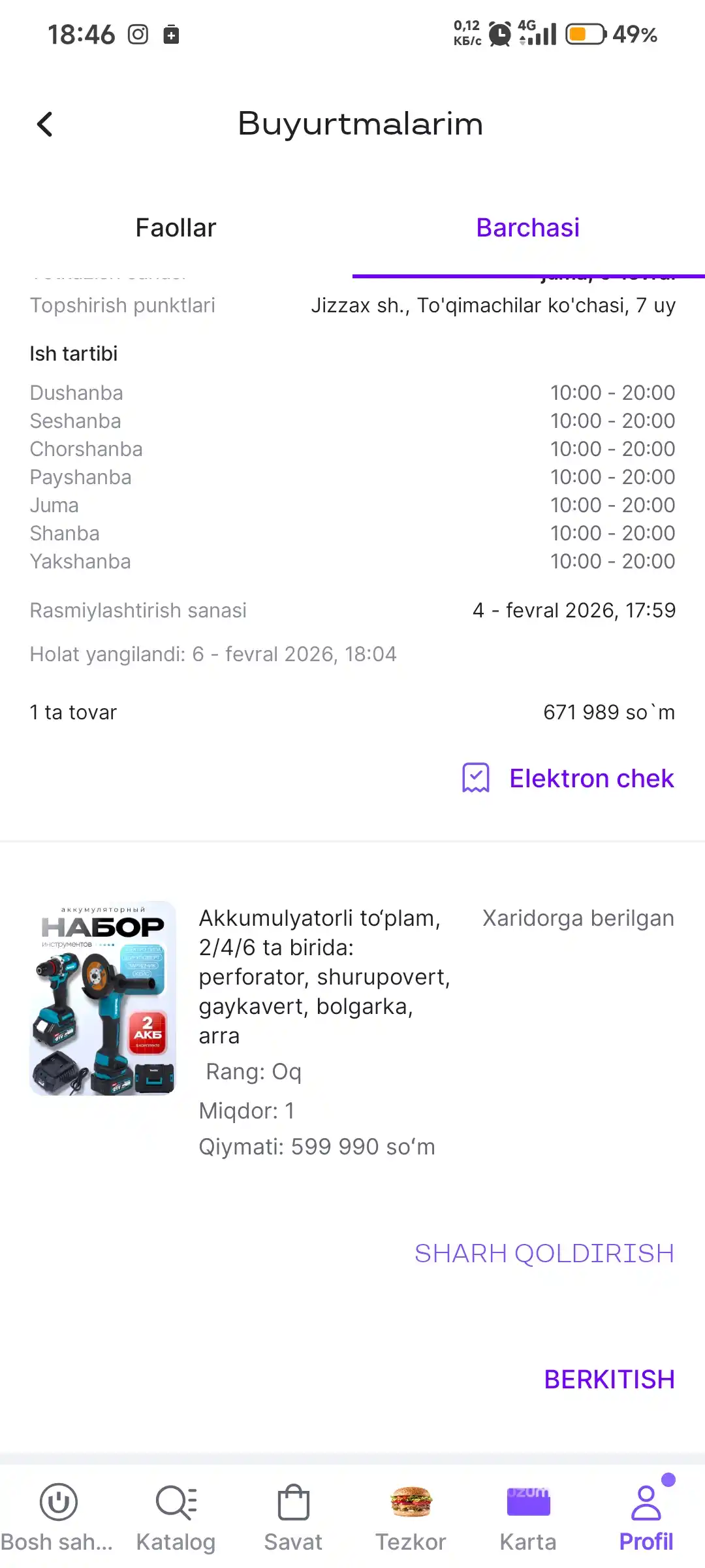 Akkumulyatorli to‘plam,4/5/6 ta birida: shurup buragich, gayka buragich, bolgarka, arra