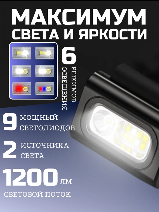Bosh va ko‘krak uchun fonar, 1200 lm, magnitli, 2 xil nur, 6 rejim
