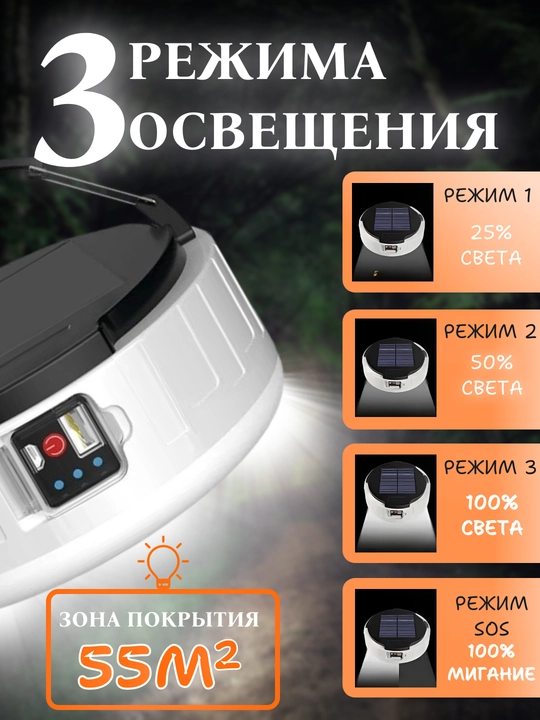 Фонарь кемпинговый с зарядкой от USB и солнечной панели. 3 режима свечения, IP65