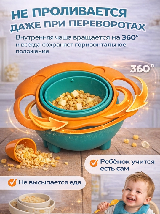Bolalar uchun to‘kilmaydigan aylanma tarelka, 360° burilish, qopqoqli, 200 ml