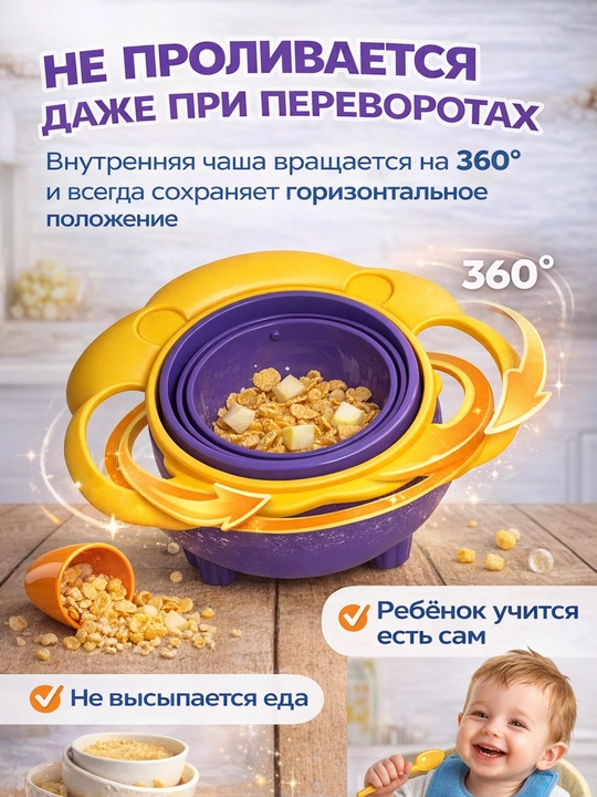 Bolalar uchun to‘kilmaydigan aylanma tarelka, 360° burilish, qopqoqli, 200 ml