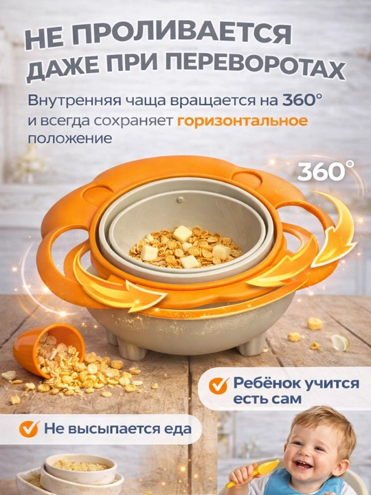 Bolalar uchun to‘kilmaydigan aylanma tarelka, 360° burilish, qopqoqli, 200 ml