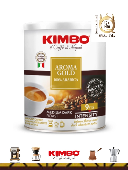 Maydalangan qahva KIMBO AROMA Gold, 100% arabika, metal banka, 250 gr - 