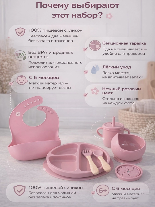 Силиконовый набор для кормления малыша 6 в 1, тарелка, миска, поильник нагрудник, ложка