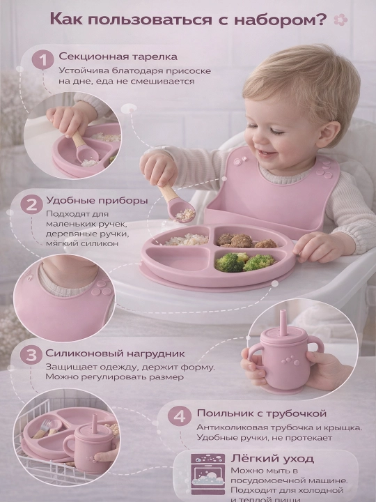 Силиконовый набор для кормления малыша 6 в 1, тарелка, миска, поильник нагрудник, ложка