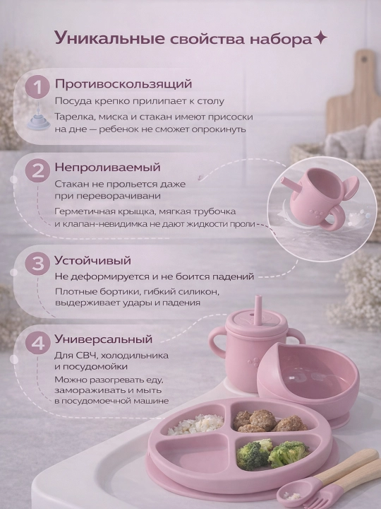 Силиконовый набор для кормления малыша 6 в 1, тарелка, миска, поильник нагрудник, ложка