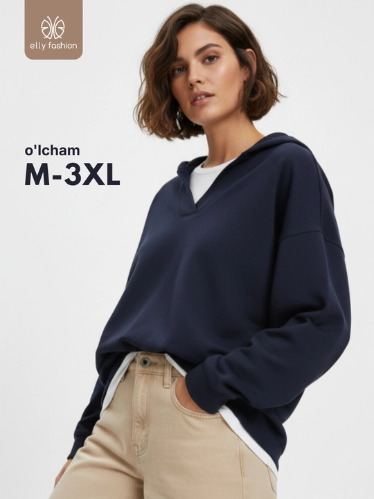 Ayollar uchun svitshot, katta olchamli, kapushonli - EllyFashion - 