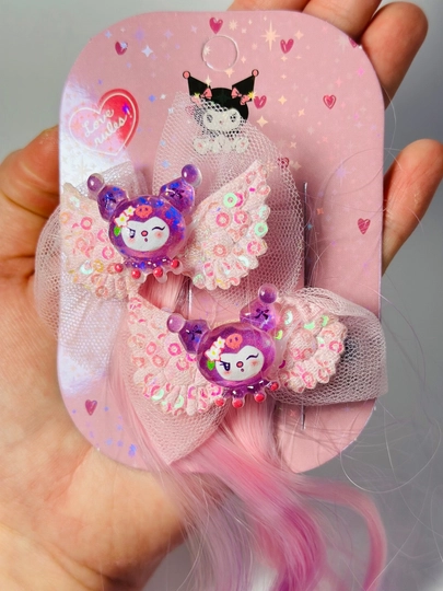 Заколка для волос Kuromi, с прядями — WLOVE-KUROMI-РОЗОВ