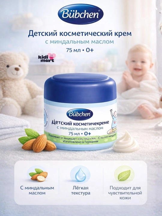 Bubchen Детский косметический крем с миндальным маслом, 0+, 75 мл - 
