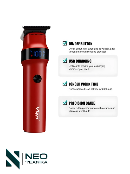 VGR V-987 LED turbo tezkor zaryadlovchi trimmer, zanglamaydigan po‘lat, qizil