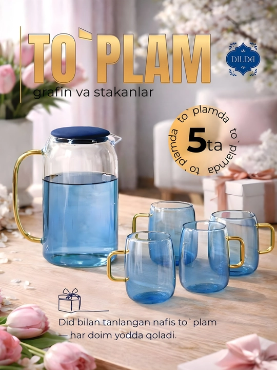 Shisha choy to'plami: choynak va 4 ta krujka, dekanterli xizmat ko'k shisha - 