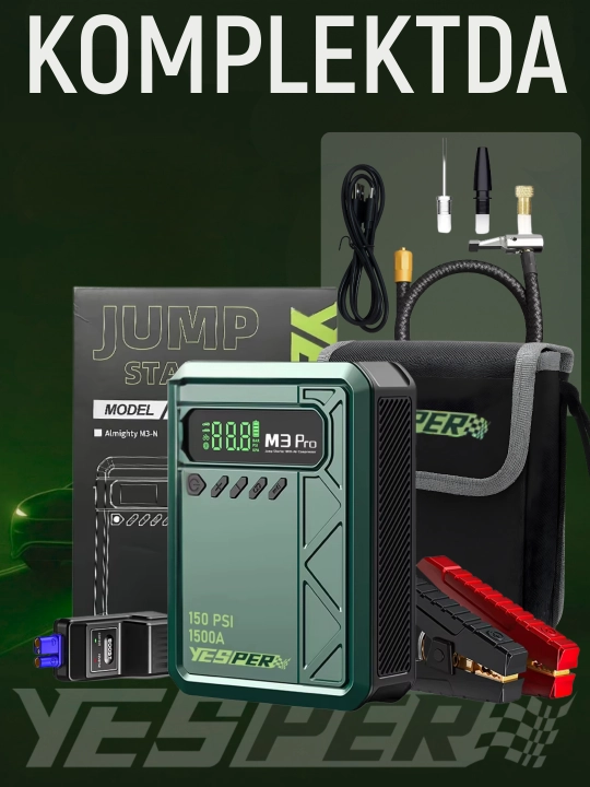 Jump Starter + Kompressor, 150 PSI, 1500A, 3 rejimli chiroq