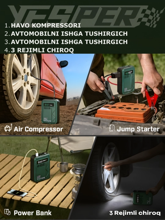 Jump Starter + Kompressor, 150 PSI, 1500A, 3 rejimli chiroq