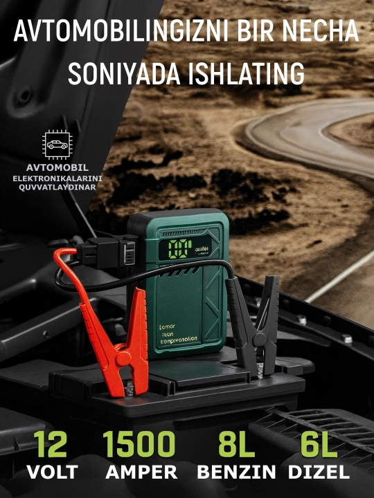 Jump Starter + Kompressor, 150 PSI, 1500A, 3 rejimli chiroq