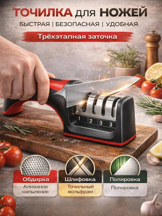 Точилка для ножей 3 этапа, ручная, для кухонных ножей