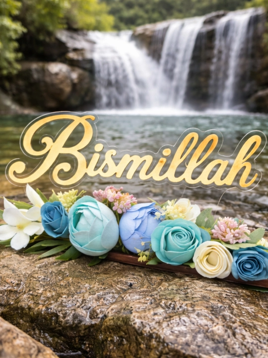 Alhamdulillah Bismillah yozuvli stol dekori –oltin akril gulli kompozitsiya islomiy sovg‘a