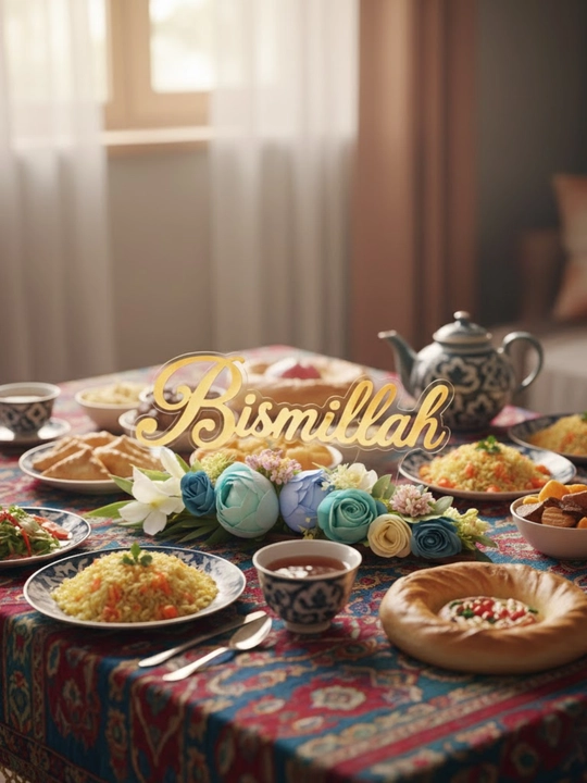 Alhamdulillah Bismillah yozuvli stol dekori –oltin akril gulli kompozitsiya islomiy sovg‘a