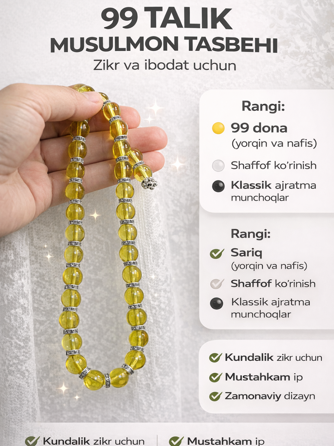 Tasbeh munchoqlar zikr qilish uchun musulmon tasbehi 99talik zamonaviy nafis bezakli tasma - 