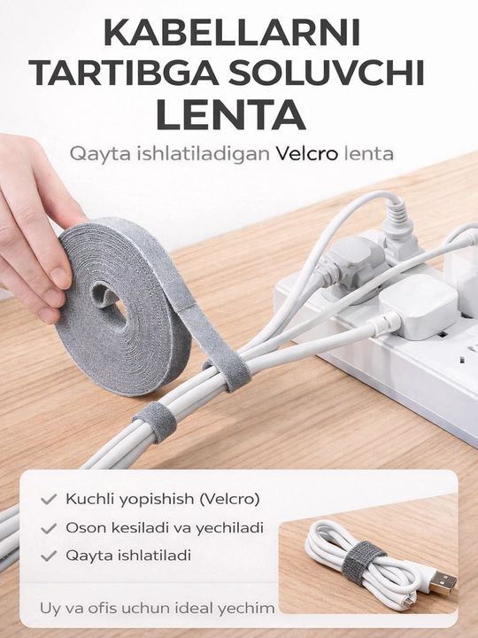 Kabellarni tartibga soluvchi Velcro lenta (qayta ishlatiladigan)