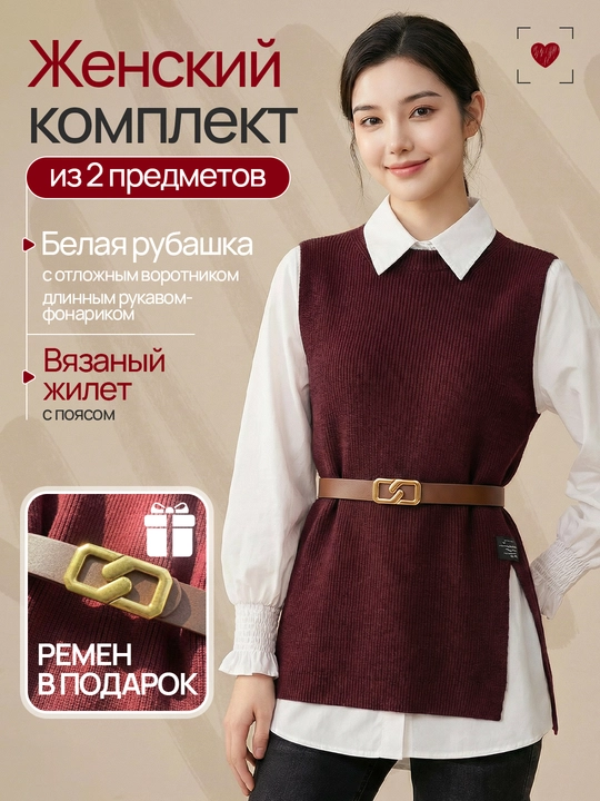 Женская двойка, свитер и блузка с ремнем, 3 в 1 - 