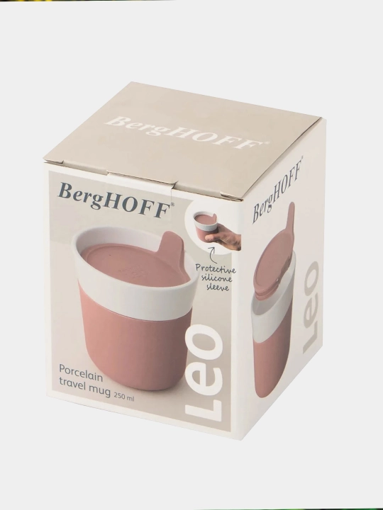 Кружка BergHOFF Leo, дорожная, фарфор, силикон, 250 мл, розовая