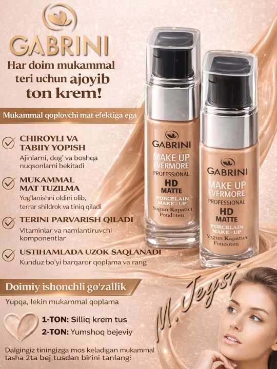 Gabrini matlovchi tonal kremi, HD Matte Make up Evermore foundation, 30 ml - 
