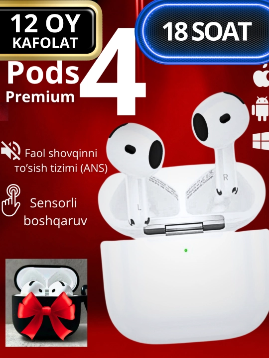 Apple AirPods 4 simsiz quloqchinlar (4-avlod), Bluetooth 5.3, USB-C zaryadlovchi qutisi