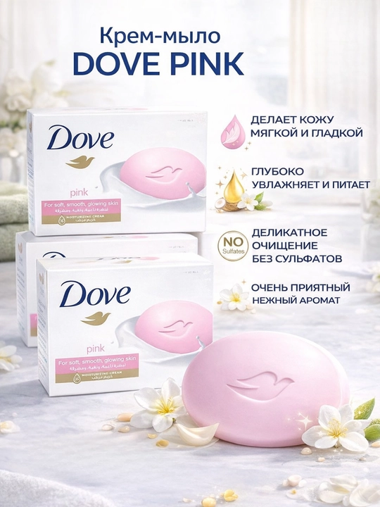Мыло, Крем-мыло, Dove Pink, увлажняющее, 1/4 крема, без сульфатов, ОАЭ - 